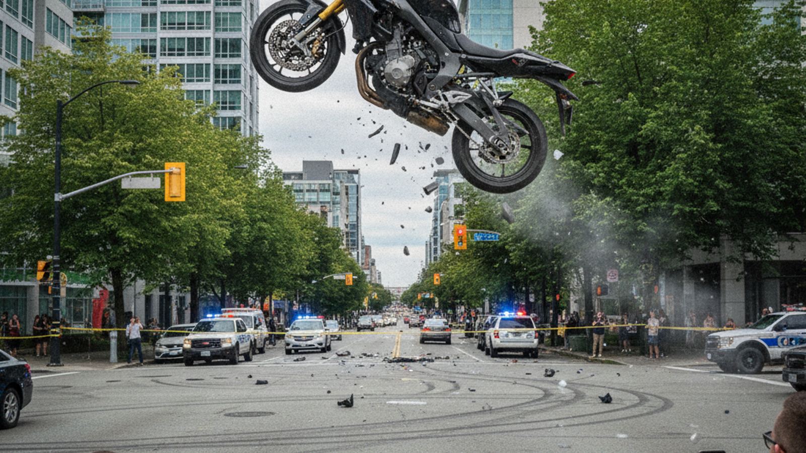 Nietypowy wypadek w Kanadzie: motocykl zawisł nad skrzyżowaniem w Delcie