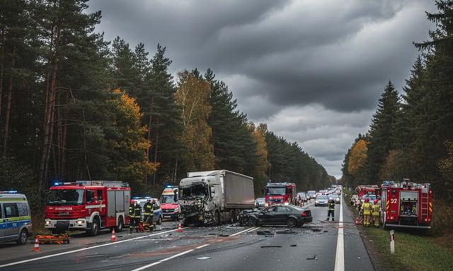 Tragiczny wypadek w Pomorskiem: DK 22 pozostaje całkowicie zablokowana po zderzeniu ciężarówki z samochodem