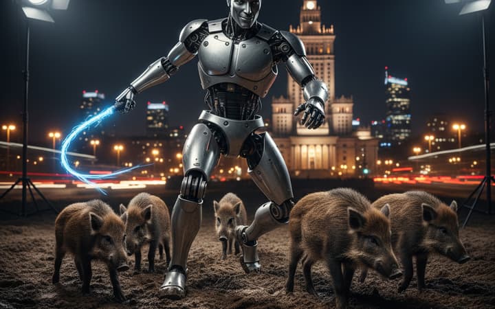 Edward Warchocki w akcji: polski humanoidalny robot zagania dziki z Warszawy